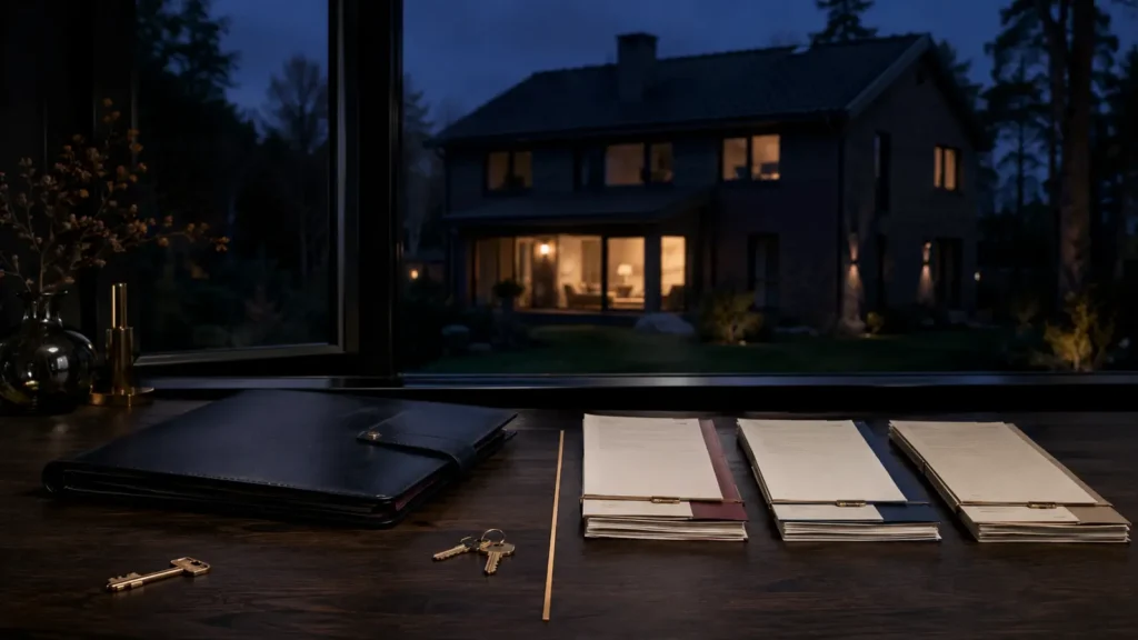 Svensk villa i skymning med nycklar, dödsboakt, bolåneavi och kostnadsredovisning