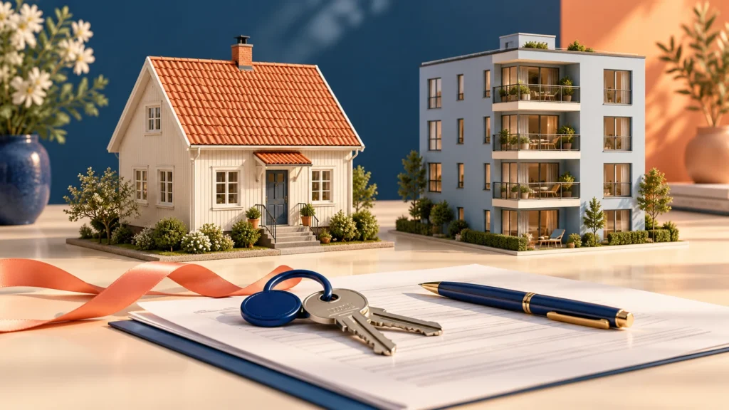 En villa och ett flerbostadshus tillsammans med nycklar och en överlåtelsehandling, som illustrerar olika regler när en partner får halva bostaden.