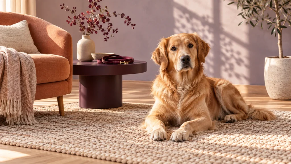 En hund vilar på en varm guldfärgad matta i en nordisk interiör med aprikosfärgad fåtölj, plommonfärgat bord och lavendelfärgad vägg.
