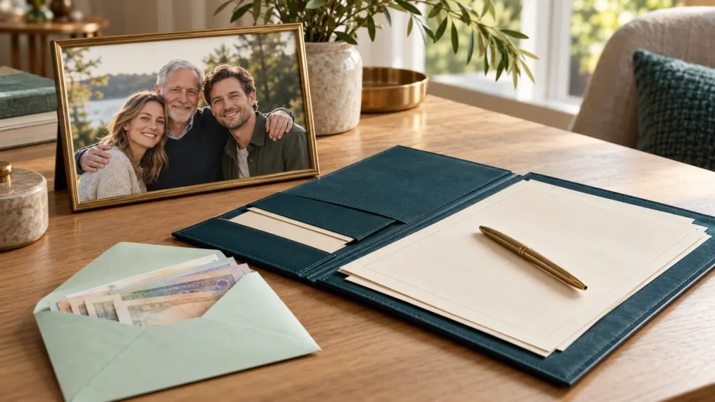 Familjefotografi med en äldre förälder och två vuxna barn, dokumentmapp, penna och ett kuvert med sedlar på ett bord.