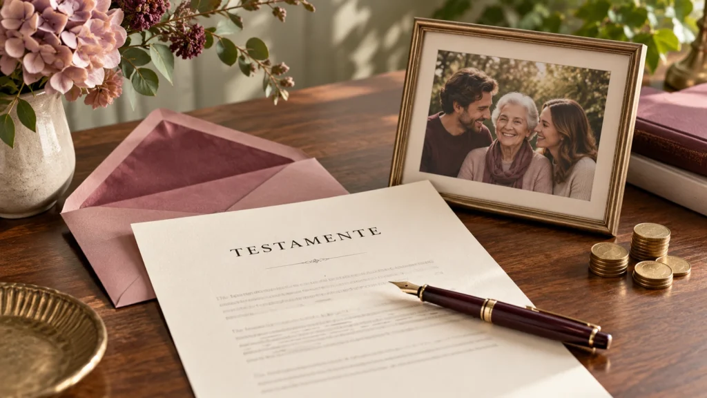 Ett testamente, en penna och mynt bredvid ett inramat familjefoto.