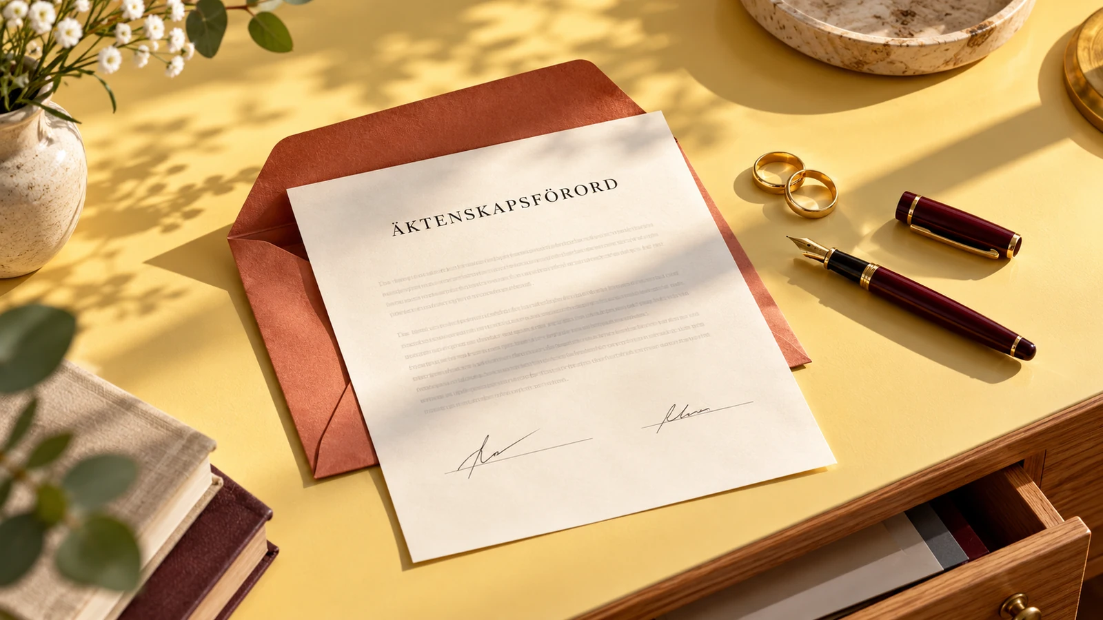 Ett undertecknat äktenskapsförord, vigselringar och ett oskickat kuvert på ett skrivbord illustrerar att underskrift och registrering är olika steg.