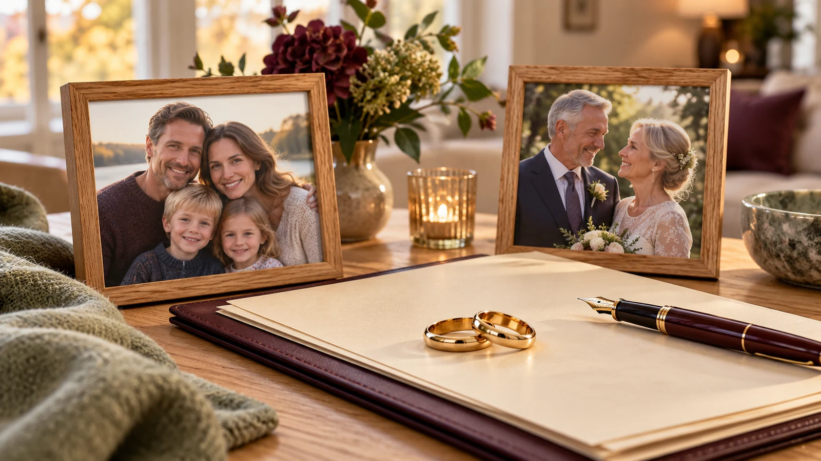 Två familjefotografier, vigselringar och handlingar på ett bord som illustrerar efterarv när en efterlevande make gifter om sig.