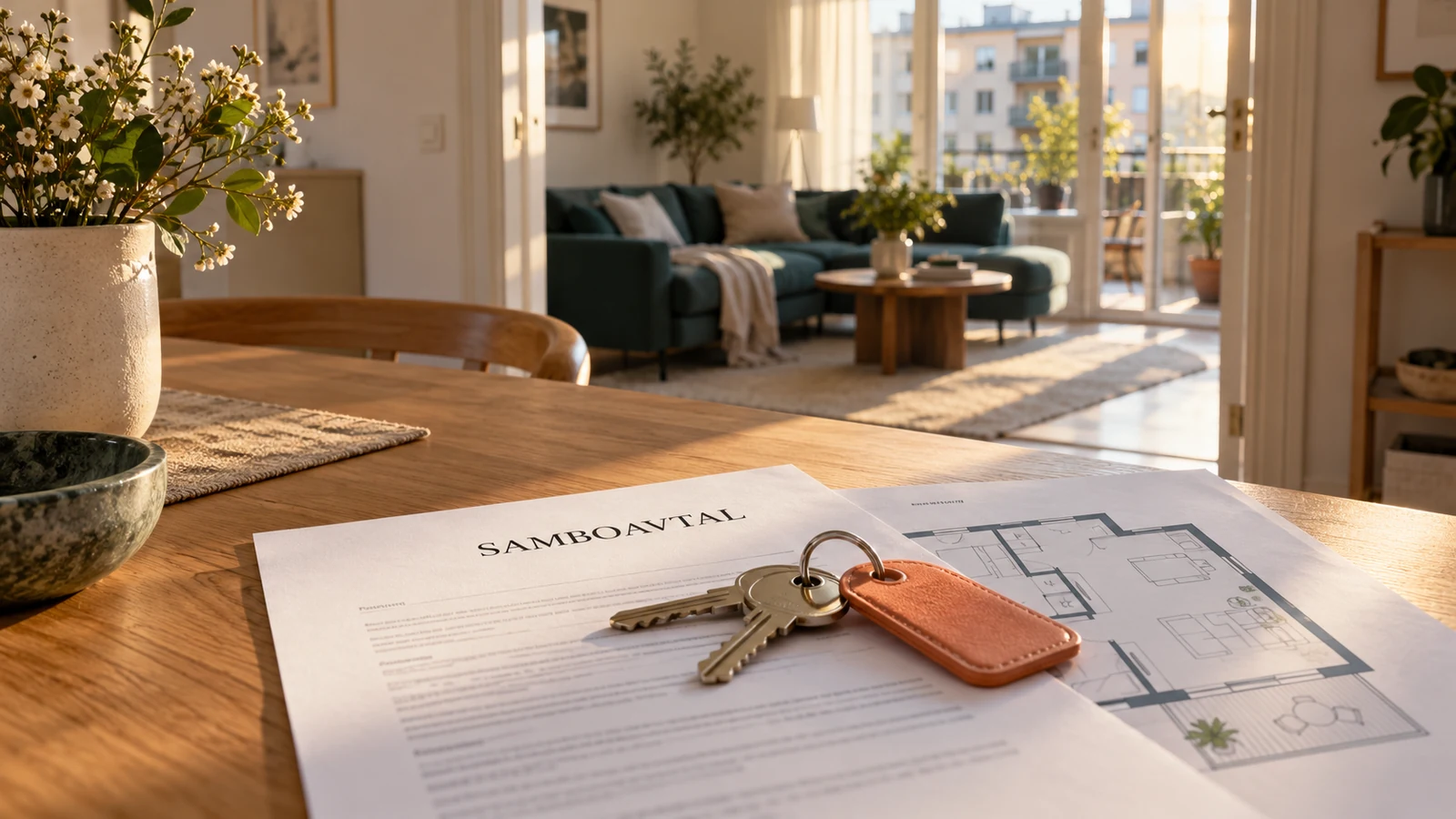 Nycklar och ett samboavtal i en ljus lägenhet illustrerar frågan om vem som kan överta bostadsrätten vid separation.